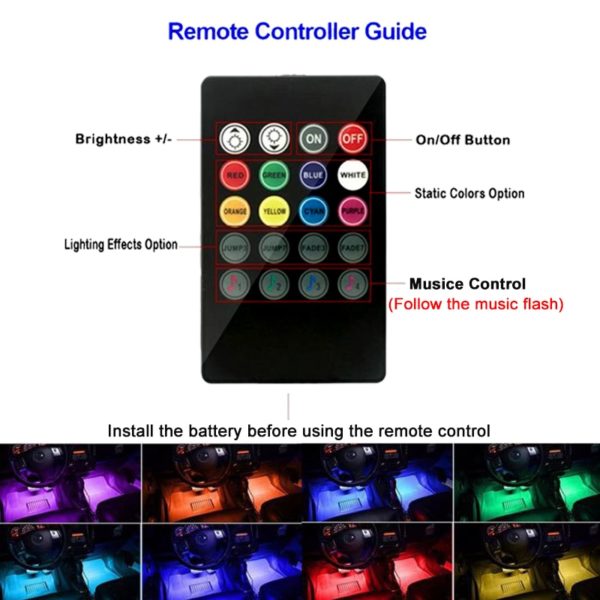Car Interior Atmosphere LED RGB Strip Light Dash Floor Foot RGB LED Strip Decorative Light Music sound Control Multiple lighting