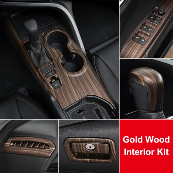 QHCP Steering Wheel Button Frame Gear Head Knob Cover Central Strip Interior Stickers ABS Golden Wood For Toyota Camry 2018 2019